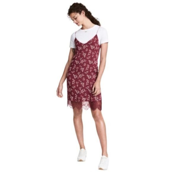 H&M Women's Floral Cami Midi Slip Dress w/ Lace Hem in Burgandy Red Sz 14 - Picture 4 of 9